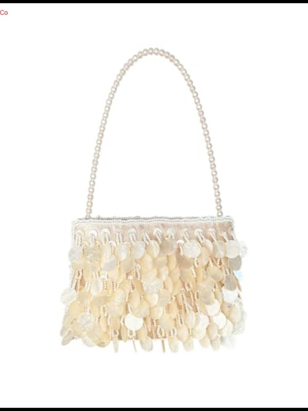 Faux Shell Sequin Evening Clutch with Faux Pearl Handle and Chain Strap